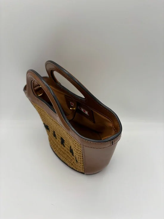 Marni Tan Leather & Straw Mini Tote with Black Logo - Picture 3 of 5